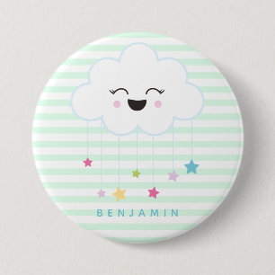 Cute Laughing Cloud - Green Striped Button