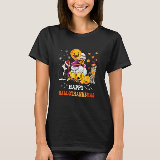 Cute Lazy Cat With Pumpkin Happy Hallowthanksmas T-shirt (Voorkant)