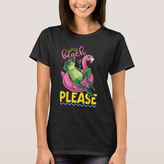 Cute Lazy Frog Pink Flamingo Beach Please Summer V T-shirt (Voorkant)