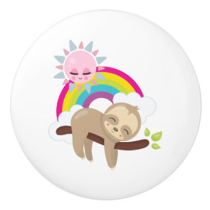 Cute Lazy Sloth met Sun & Rainbow Keramische Knop