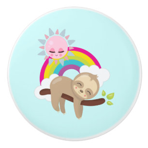 Cute Lazy Sloth met Sun & Rainbow Keramische Knop
