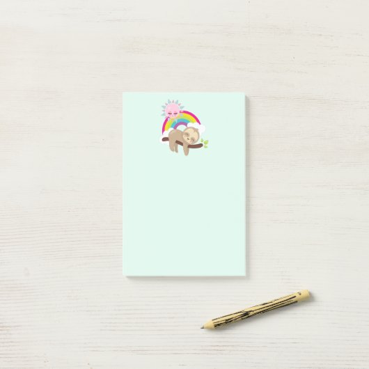 Cute Lazy Sloth met Sun & Rainbow Post-it® Notes (Op bureau)