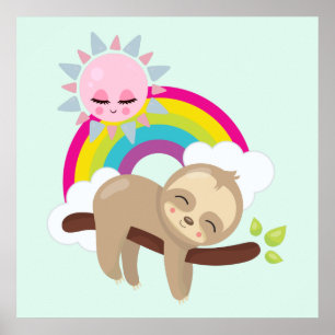 Cute Lazy Sloth met Sun & Rainbow Poster