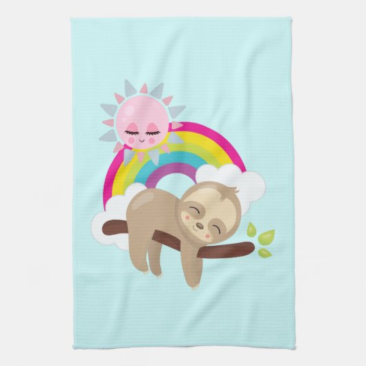 Cute Lazy Sloth met Sun & Rainbow Theedoek (Verticaal)