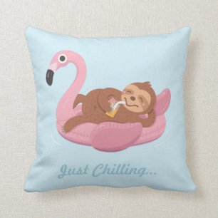Cute Lazy Sloth Pink Flamingo Float Summer Pillow Kussen