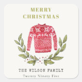 Cute Leafy Red Green Ugly Sweater Winter Vierkante Sticker (Voorkant)