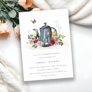 Cute Leafy Roos Floral Teapot Wedding Invite Bedankkaart