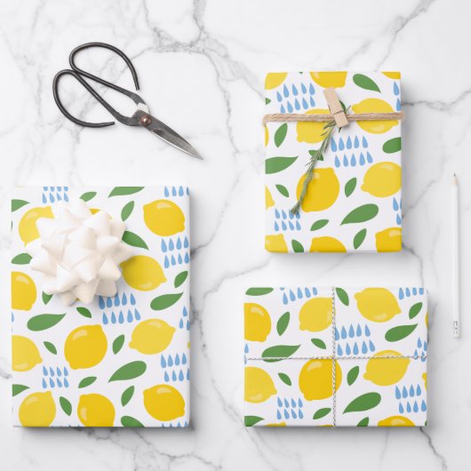 Cute lemon en groene bladeren patroon inpakpapier vel (Voorkant)