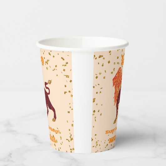 Cute Leo First Birthday & Gold Confetti Papieren Bekers (Links)