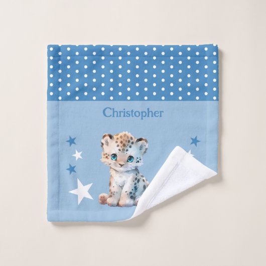 Cute léopard ajouter nom pois étoiles bleu (Gant de toilette)