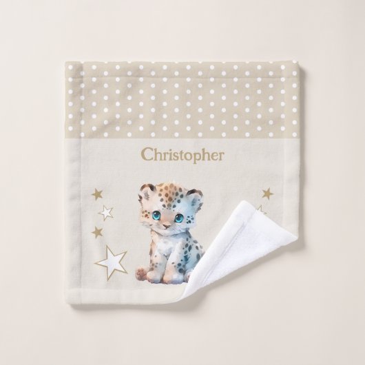 Cute léopard ajouter nom pois étoiles brun (Gant de toilette)