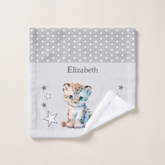 Cute léopard ajouter nom pois étoiles gris (Gant de toilette)