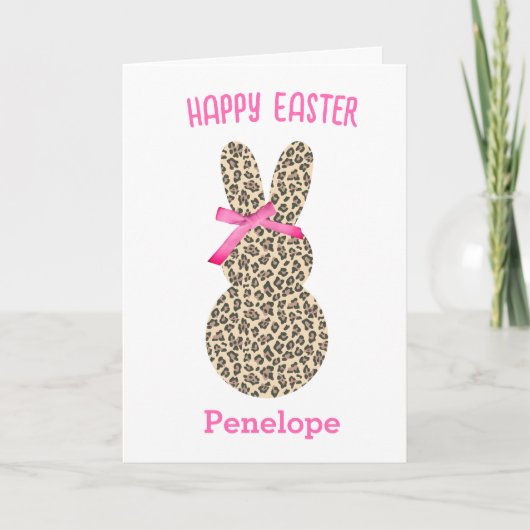 Cute Leopard Easter Bunny Pink Bow Kaart (Voorkant)