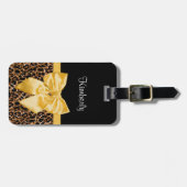 Cute Leopard Print Elegant Yellow Bow and Name Bagagelabel (Voorkant horizontaal)