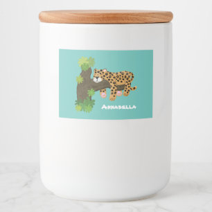 Cute leopard slapen in de cartoon afbeelding van d voedselcontainer etiket