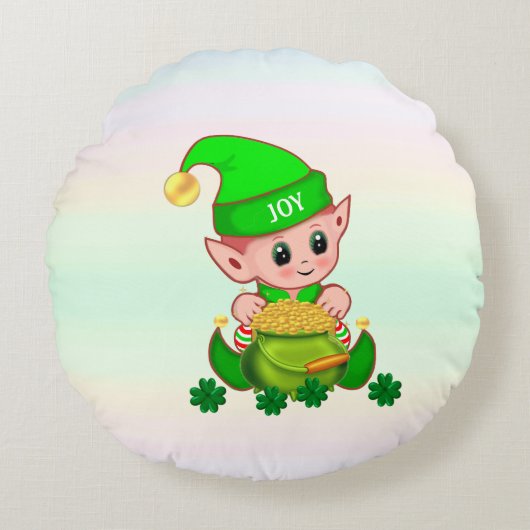 Cute leprechaun, pot goud & gelukshamrocks rond kussen (Voorkant)