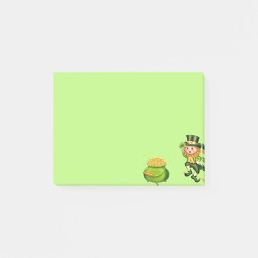 Cute leprechaun & pot goud op kalkgroen post-it® notes (Voorkant)