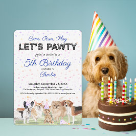 Cute Let's Pawty Blue Custom Dog Birthday Party Kaart
