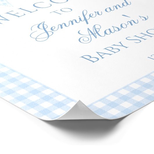 Cute lichtblauwe gingham lint baby jongens douche poster (Hoek)