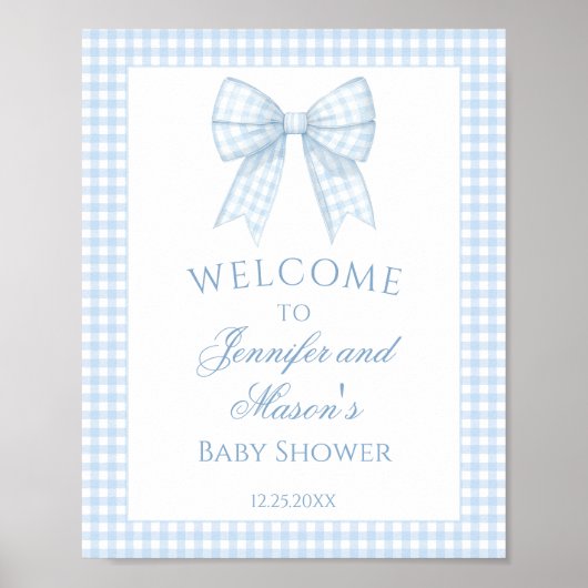 Cute lichtblauwe gingham lint baby jongens douche poster (Voorkant)