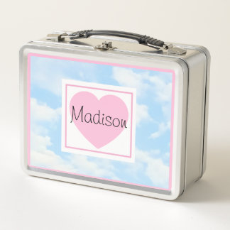 Cute Light Blue Cloudy Sky Pink Heart Custom Name