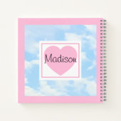 Cute Light Blue Cloudy Sky Pink Heart Custom Name Notitieboek (Achterkant)