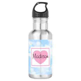 Cute Light Blue Cloudy Sky Pink Heart Custom Name Waterfles