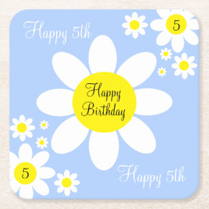 Cute Light Blue en White Floral 5th Birthday Vierkante Kartonnen Onderzetter