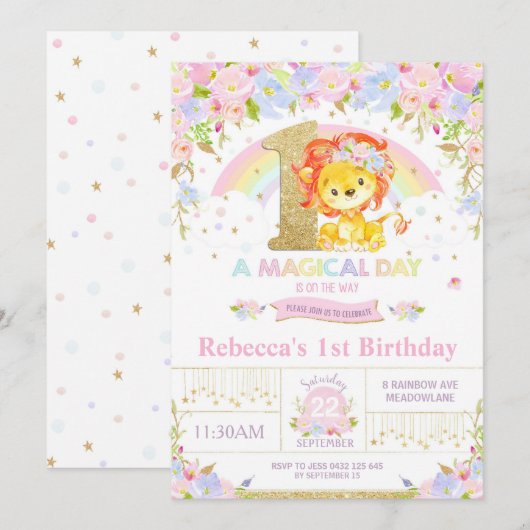 Cute Lion Anniversaire Fête Invitation Fille Flora (Devant / Derrière)