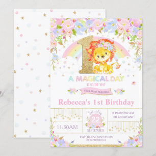 Cute Lion Birthday Party Invitation Girl Floral Kaart