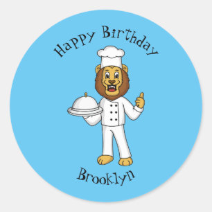 Cute lion chef cartoon illustratie ronde sticker