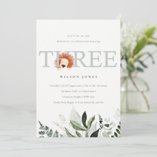 Cute Lion Foliage 3rd Derde verjaardag Uitnodiging (Staand voorkant)