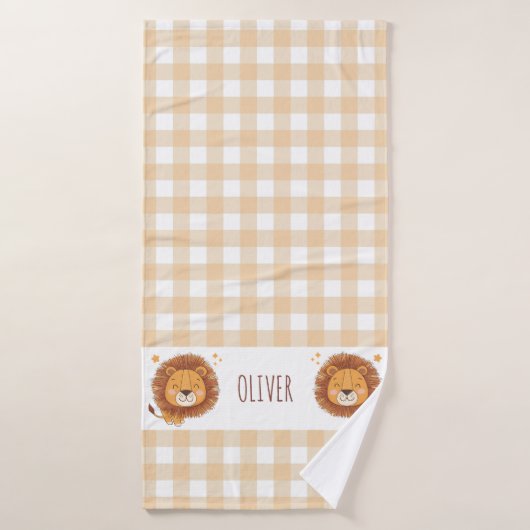 Cute Lion Gingham Fantaisiste Nom Naissance (Serviette de bain)