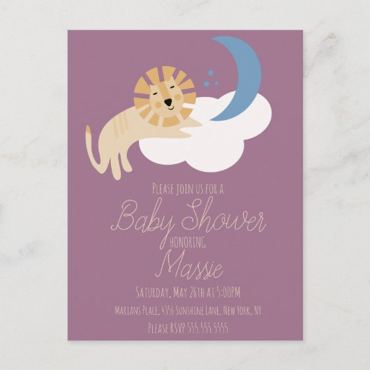 Cute Lion Moon Cloud Baby shower Invitation Postca Briefkaart (Voorkant)