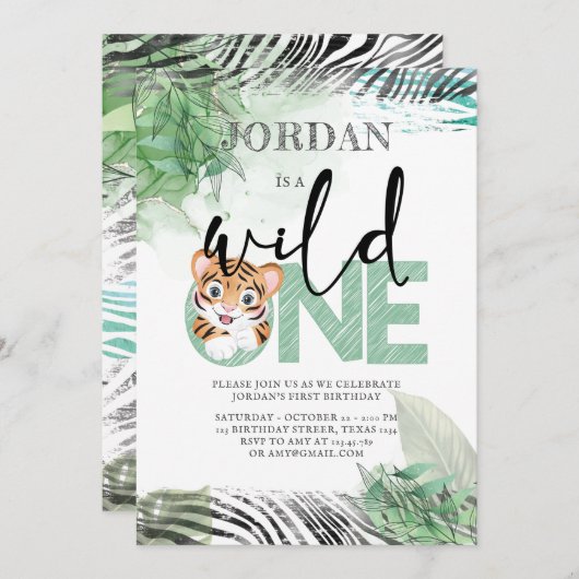 Cute Lion Oerwoud First Birthday Invitation Kaart (Voorkant / Achterkant)