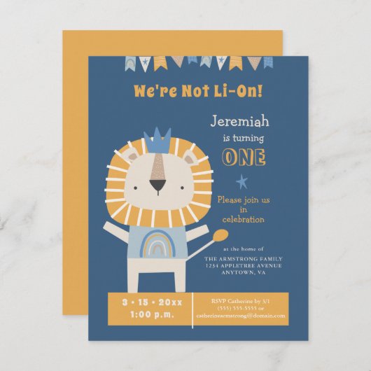 Cute Lion One Year Boy Birthday Party Invitation (Voorkant / Achterkant)