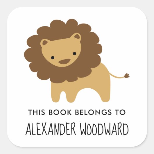 Cute Lion Personalized Kinder Bookplate Vierkante Sticker (Voorkant)