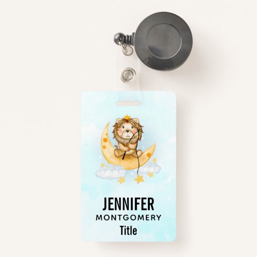Cute Lion Vist op de maan Waterverf Badge (Voorkant met intrekbare)