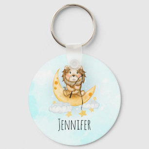 Cute Lion Vist op de maan Waterverf Sleutelhanger