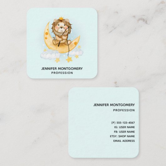 Cute Lion Vist op de maan Waterverf Vierkante Visitekaartje (Voorkant / Achterkant)