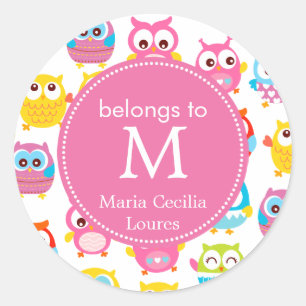 Cute Litte Owls Monogrammed Ronde Sticker
