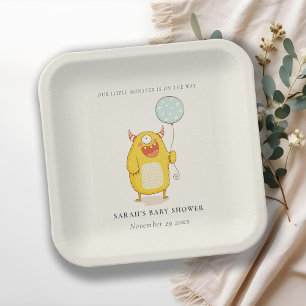 Cute Little Aqua Yellow Monster Baby shower Invite Papieren Bordje