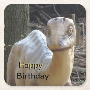 Cute Little Beige Happy Birthday Dinosaur Onderzet Vierkante Kartonnen Onderzetter