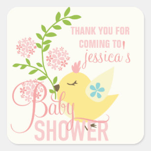 Cute Little Bird Flowers Spring Girl Baby shower Vierkante Sticker