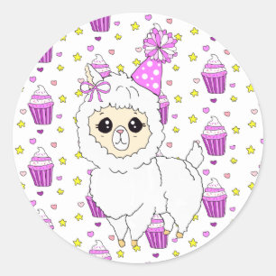 Cute Little Birthday Llama Paars Ronde Sticker