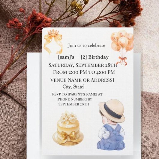Cute Little Boy 2nd Birthday Party Invitation