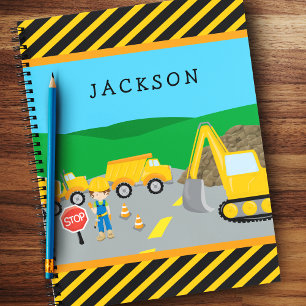 Cute Little Boy Construction Vehicle Monogrammed Notitieboek