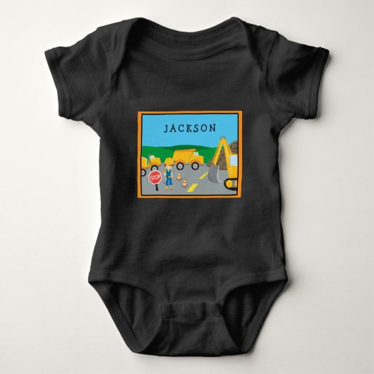 Cute Little Boy Construction Vehicle Monogrammed Romper (Voorkant)