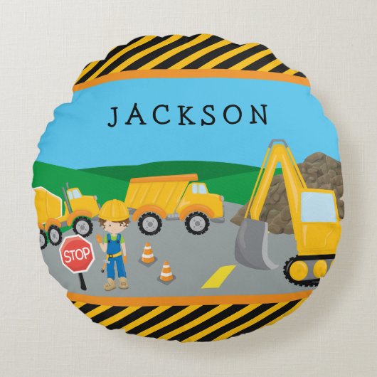 Cute Little Boy Construction Vehicle Monogrammed Rond Kussen (Voorkant)