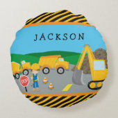 Cute Little Boy Construction Vehicle Monogrammed Rond Kussen (Achterkant)